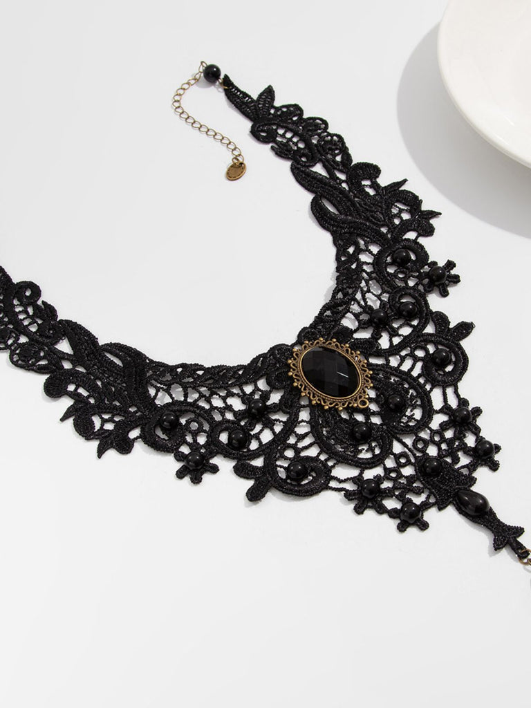Collier ras-de-cou gothique victorien en dentelle avec pendentif en pierre