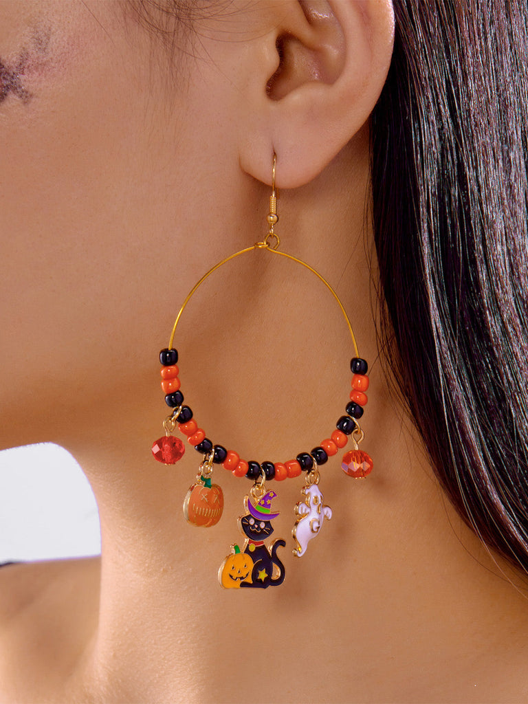 Boucles d’oreilles créoles vintage d’Halloween avec breloques citrouille et chat