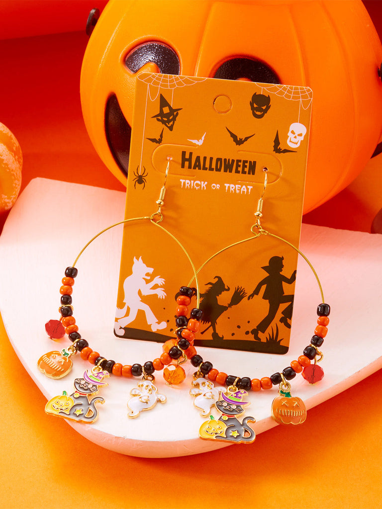 Boucles d’oreilles créoles vintage d’Halloween avec breloques citrouille et chat