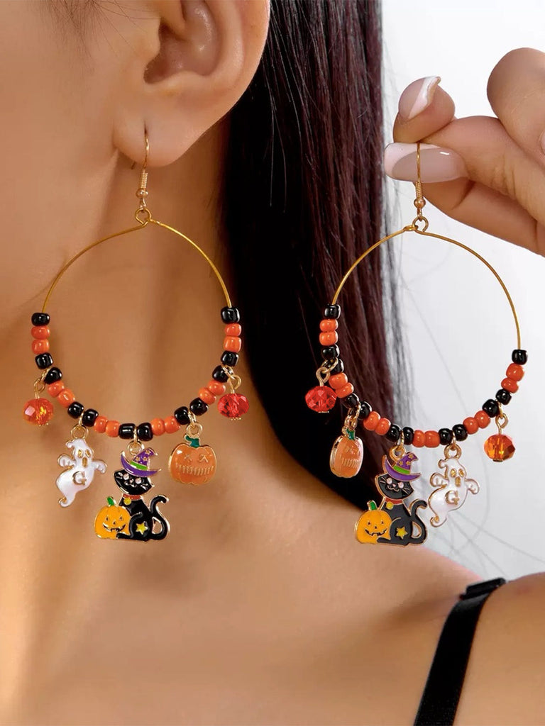 Boucles d’oreilles créoles vintage d’Halloween avec breloques citrouille et chat