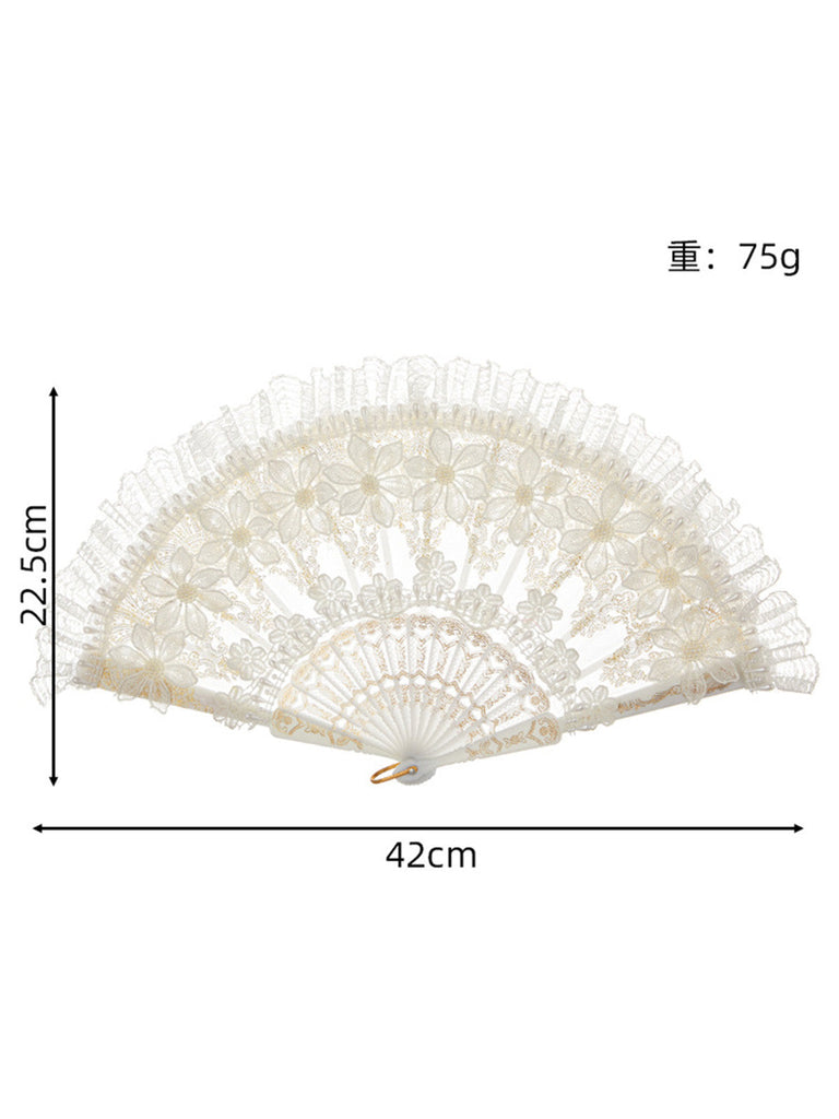 Éventail pliant blanc en satin et dentelle à fleurs 3D