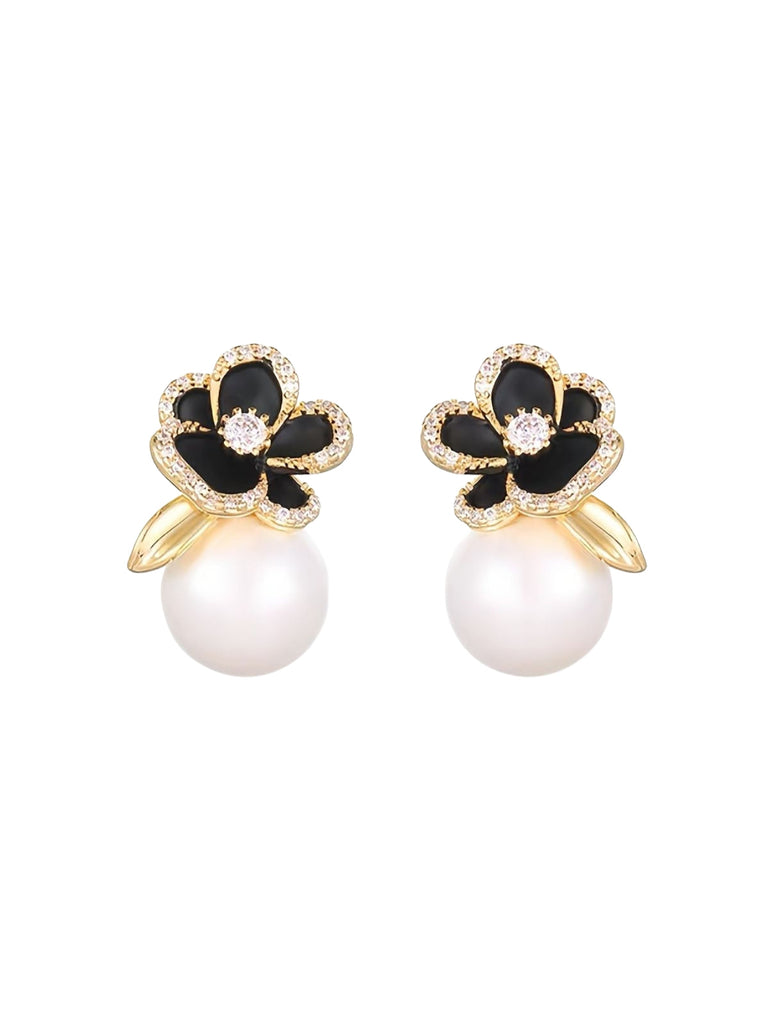 Boucles d'oreilles puces dorées florales à perles et strass