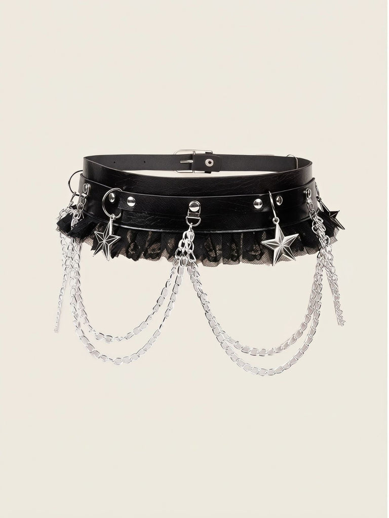Ceinture harnais gothique noire à étoiles, chaînes, dentelle et volants