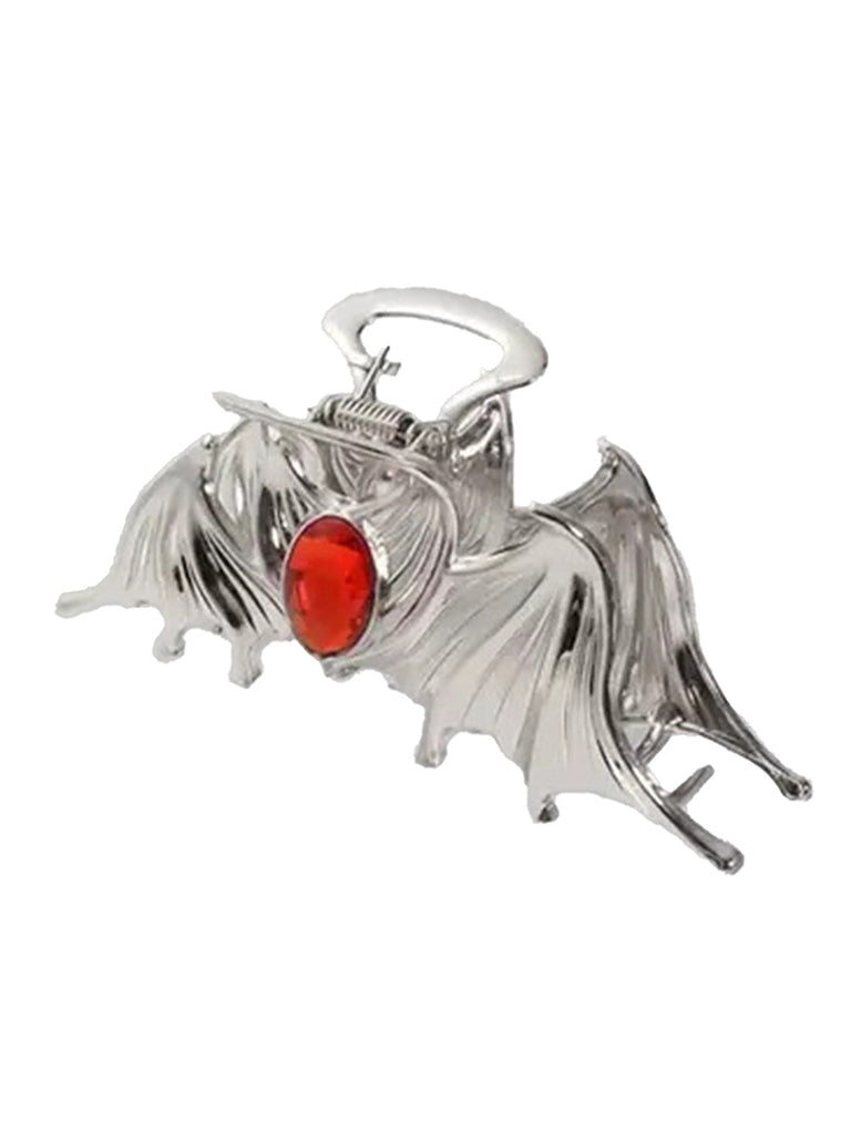 Pince à cheveux métallique gothique ailes de chauve-souris avec gemme rouge