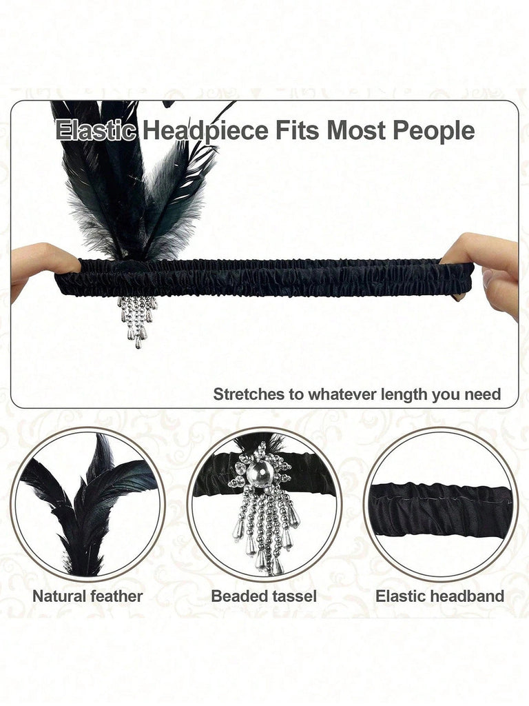 Ensemble d’accessoires Flapper années 1920 avec bandeau à plume, gants et éventail