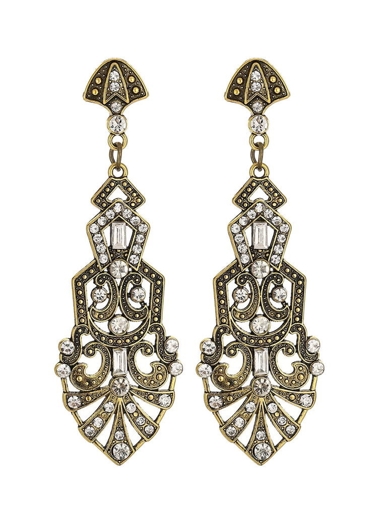 Boucles d’oreilles pendantes vintage dorées à filigrane, cristal et motifs géométriques - 1