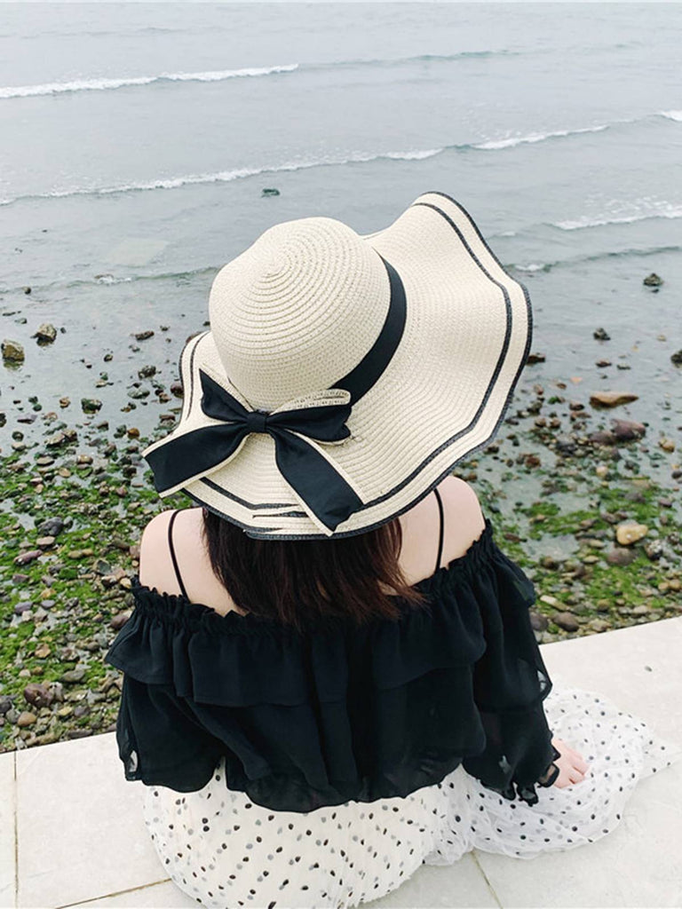 Chapeau de plage vintage à bords ondulés avec nœud