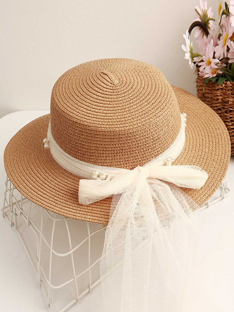 Chapeau Ruffia en ruban transparent et perles vintage