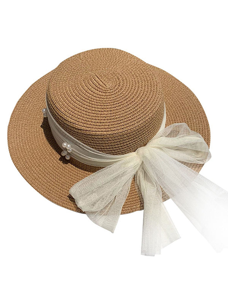 Chapeau Ruffia en ruban transparent et perles vintage