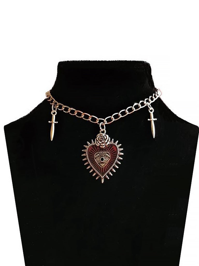 Collier avec pendentif croix en forme de cœur et de rose rouge pour Halloween