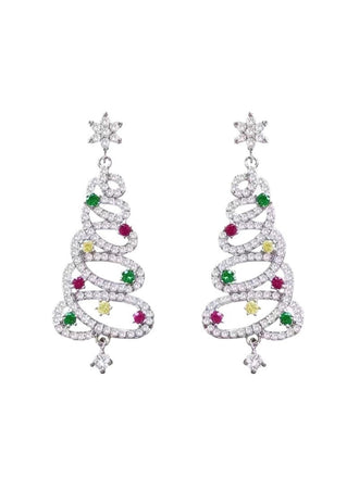 Boucles d'oreilles argentées avec strass colorés en forme de sapin de Noël