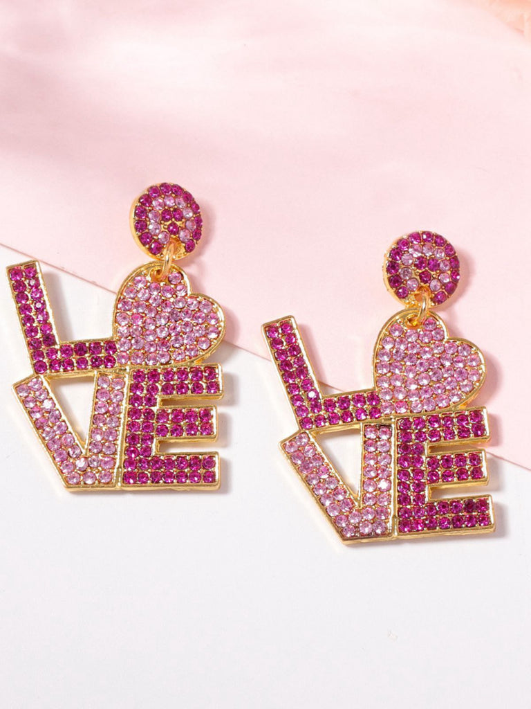 Boucles d'oreilles pendantes avec lettres LOVE en strass violet