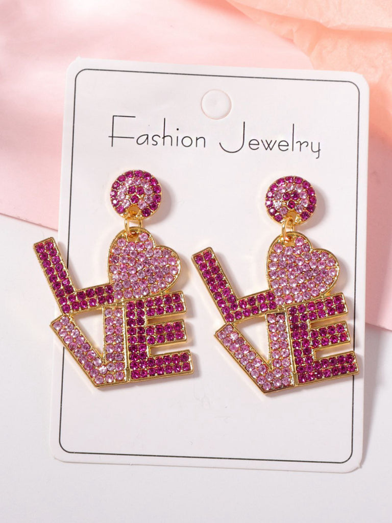 Boucles d'oreilles pendantes avec lettres LOVE en strass violet