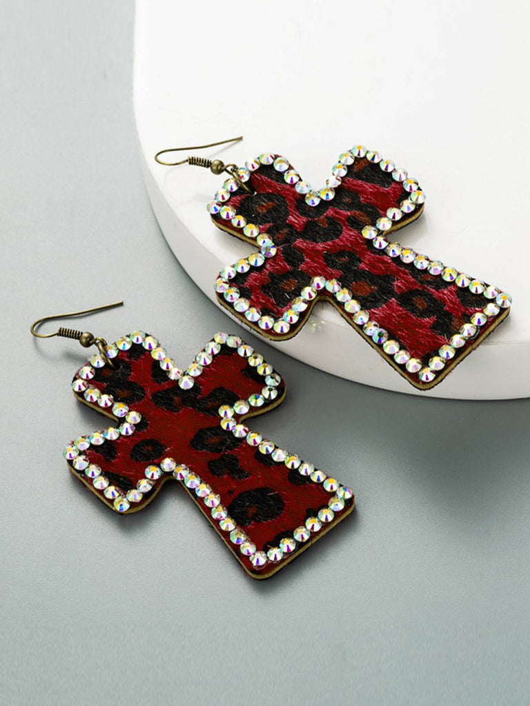 Boucles d'oreilles pendantes en forme de croix avec strass léopard