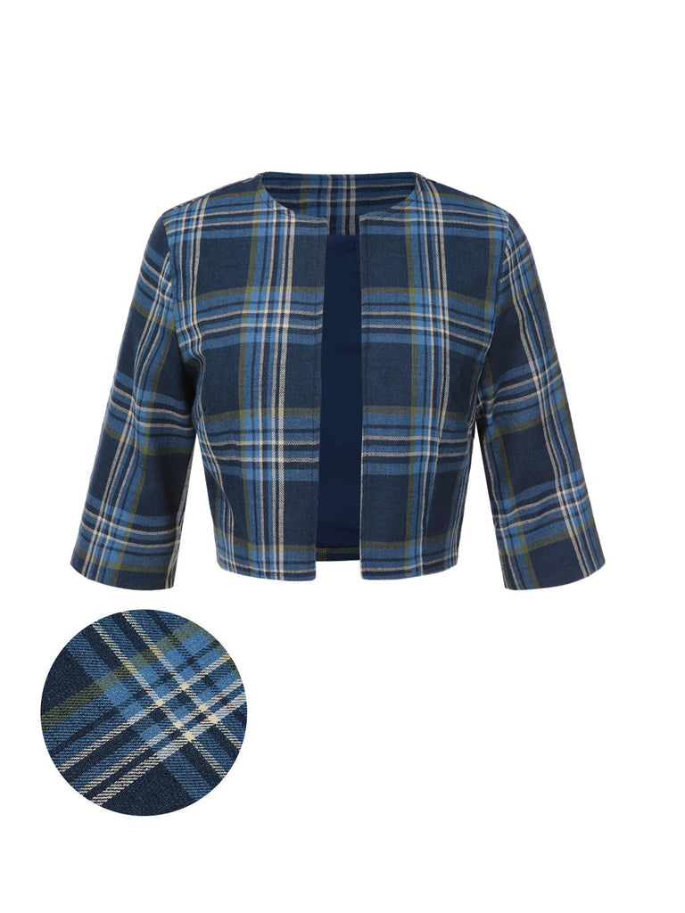 [Prévente] Veste boléro manches mi-longues à carreaux bleu foncé des années 1950