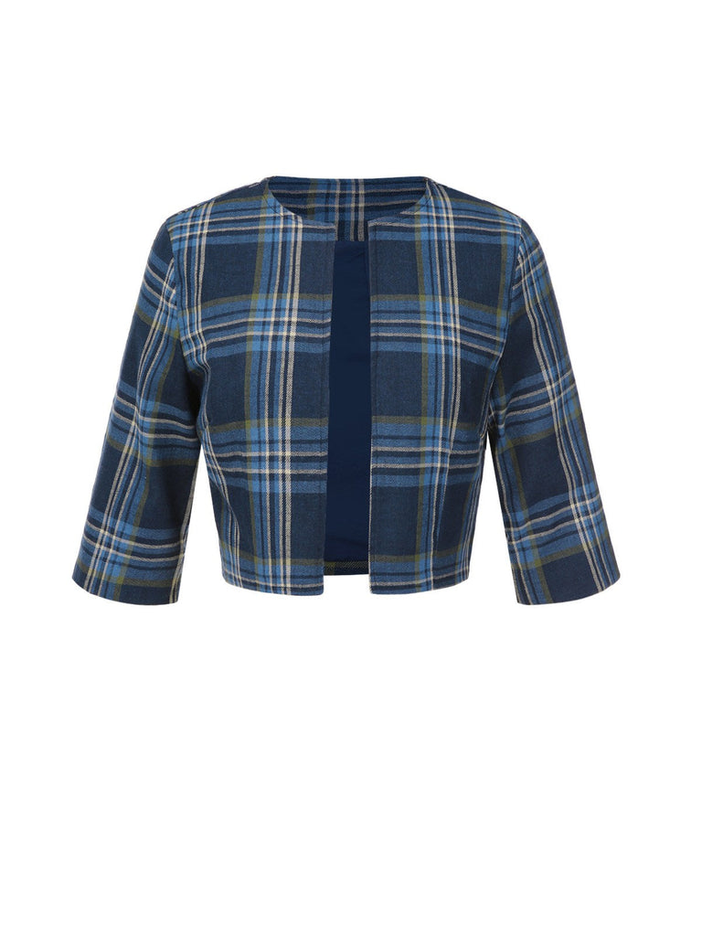 [Prévente] 2PCS veste boléro et robe plissée à volants à carreaux bleu foncé années 50