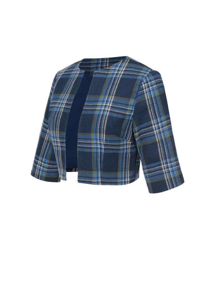 [Prévente] Veste boléro manches mi-longues à carreaux bleu foncé des années 1950