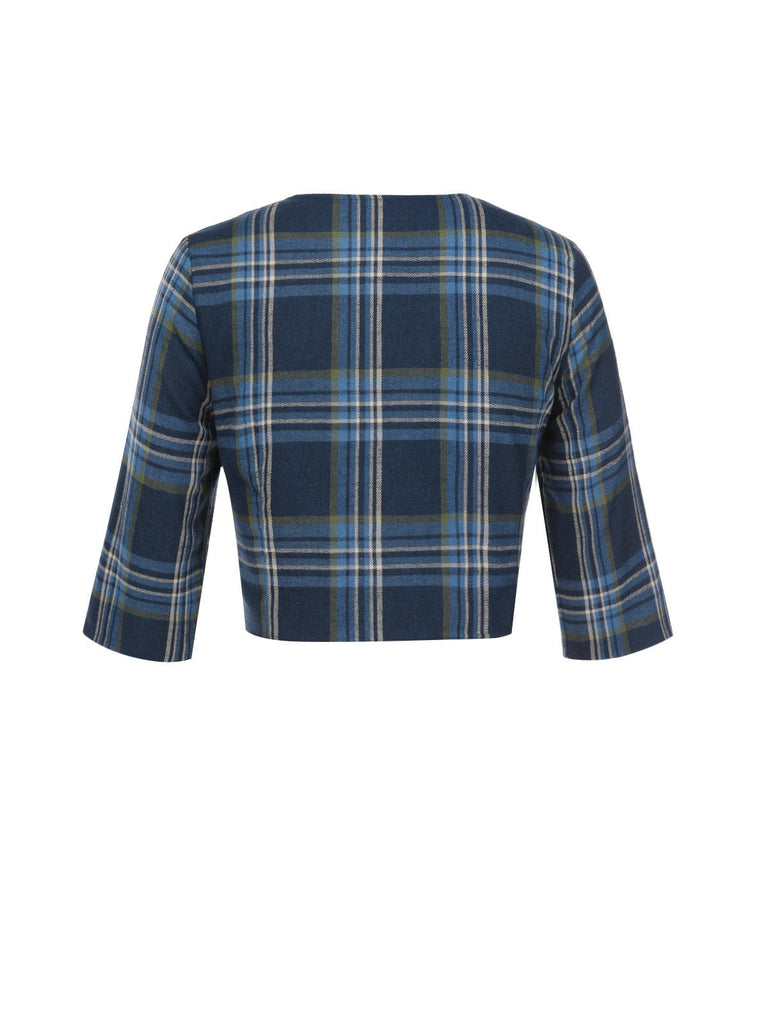 [Prévente] Veste boléro manches mi-longues à carreaux bleu foncé des années 1950