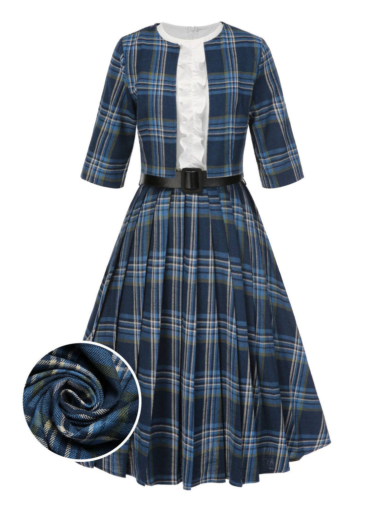[Prévente] 2PCS veste boléro et robe plissée à volants à carreaux bleu foncé années 50