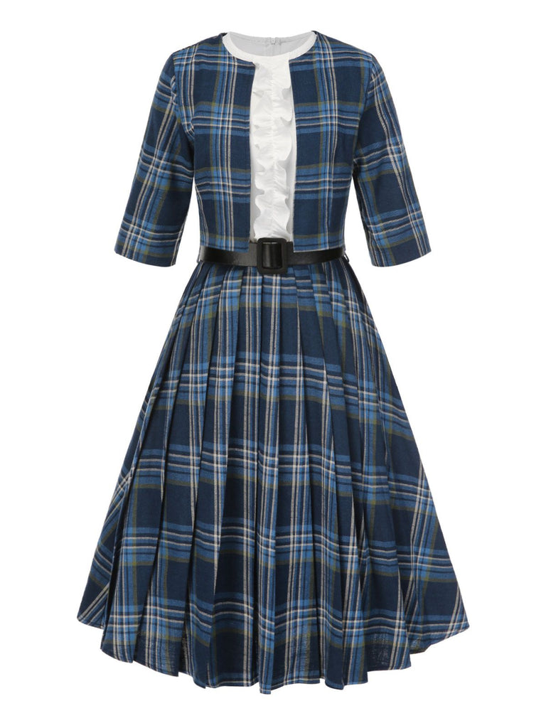 [Prévente] 2PCS veste boléro et robe plissée à volants à carreaux bleu foncé années 50