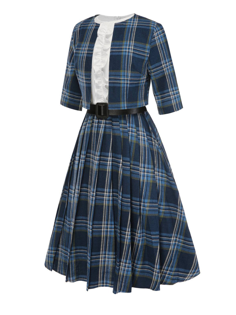 [Prévente] 2PCS veste boléro et robe plissée à volants à carreaux bleu foncé années 50