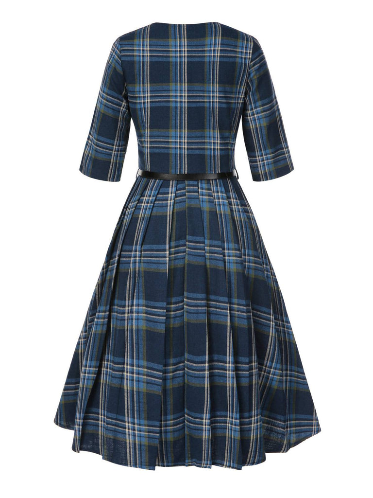 [Prévente] 2PCS veste boléro et robe plissée à volants à carreaux bleu foncé années 50