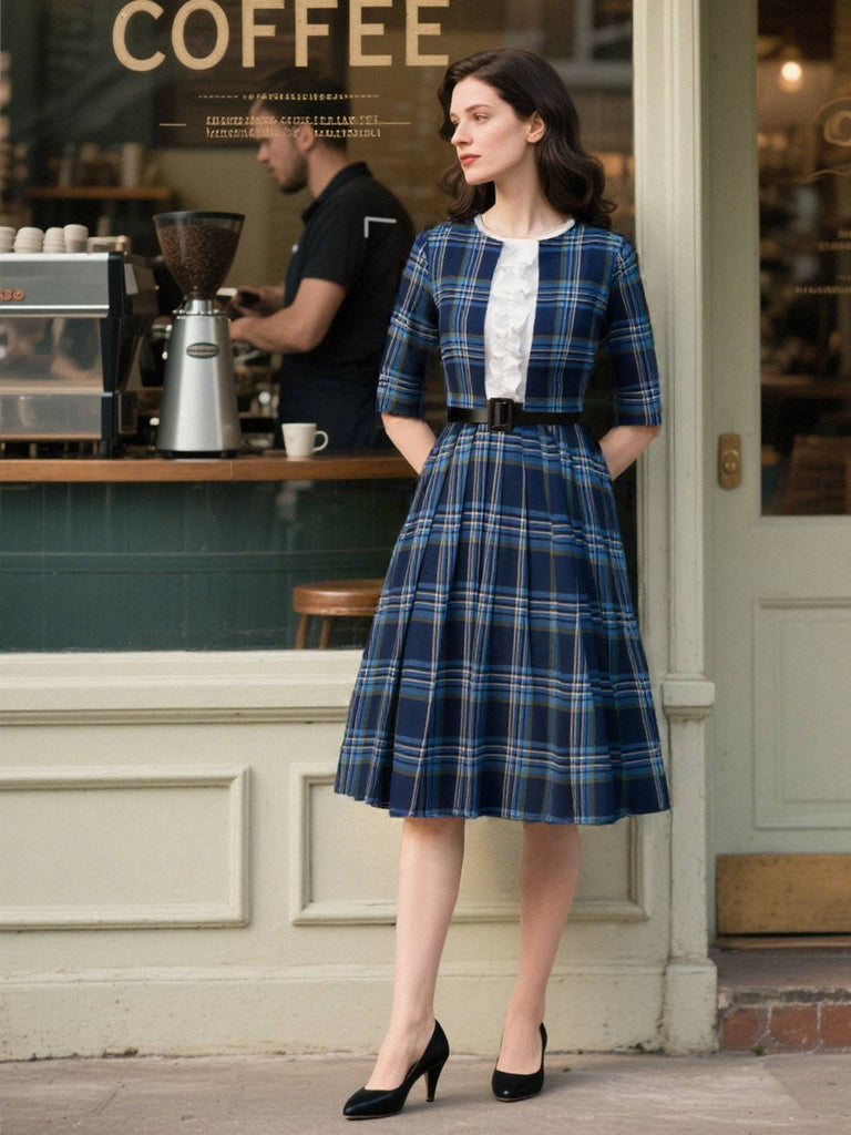 [Prévente] Robe plissée à volants carreaux patchwork bleu foncé des années 1950