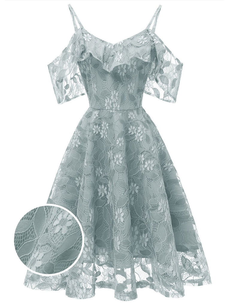 Robe à Bretelle Vintage Rose Année 50 à Volants Dos Nu Dentelle Cocktail