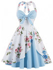 [Prévente] Robe Évasée Halter Florale Bleu Ciel Années 1950