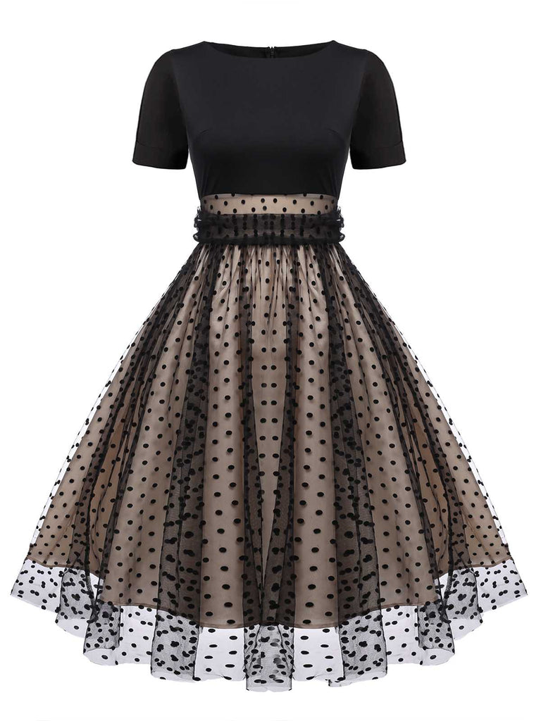 Robe Swing Vintage Année 50 Noire à Pois Cocktail Pin Up