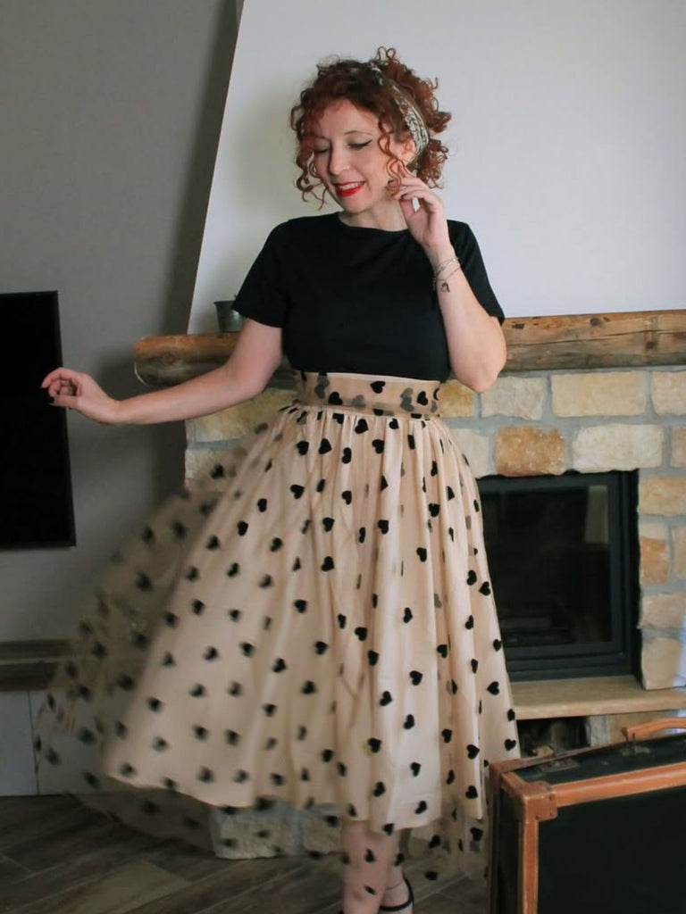 Robe Swing Vintage Année 50 Noire à Pois de Cœur Cocktail Pin Up