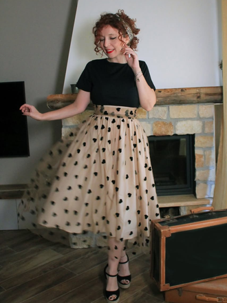 Robe Swing Vintage Année 50 Noire à Pois de Cœur Cocktail Pin Up