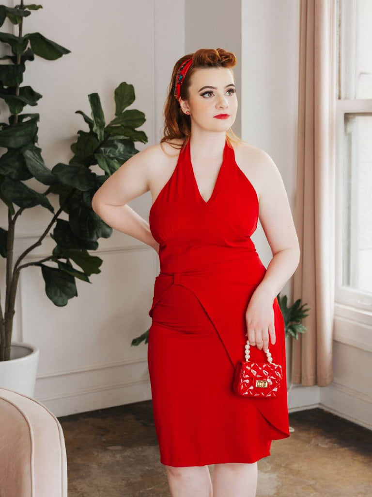 Robe Crayon Vintage Rouge Années 60 à Col Licou Chic