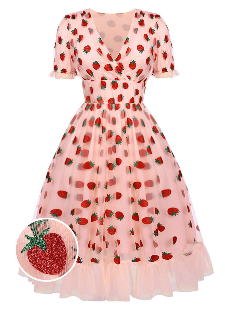 Robe Swing Vintage Année 50 Gaze Rose Fraise Soirée Cocktail