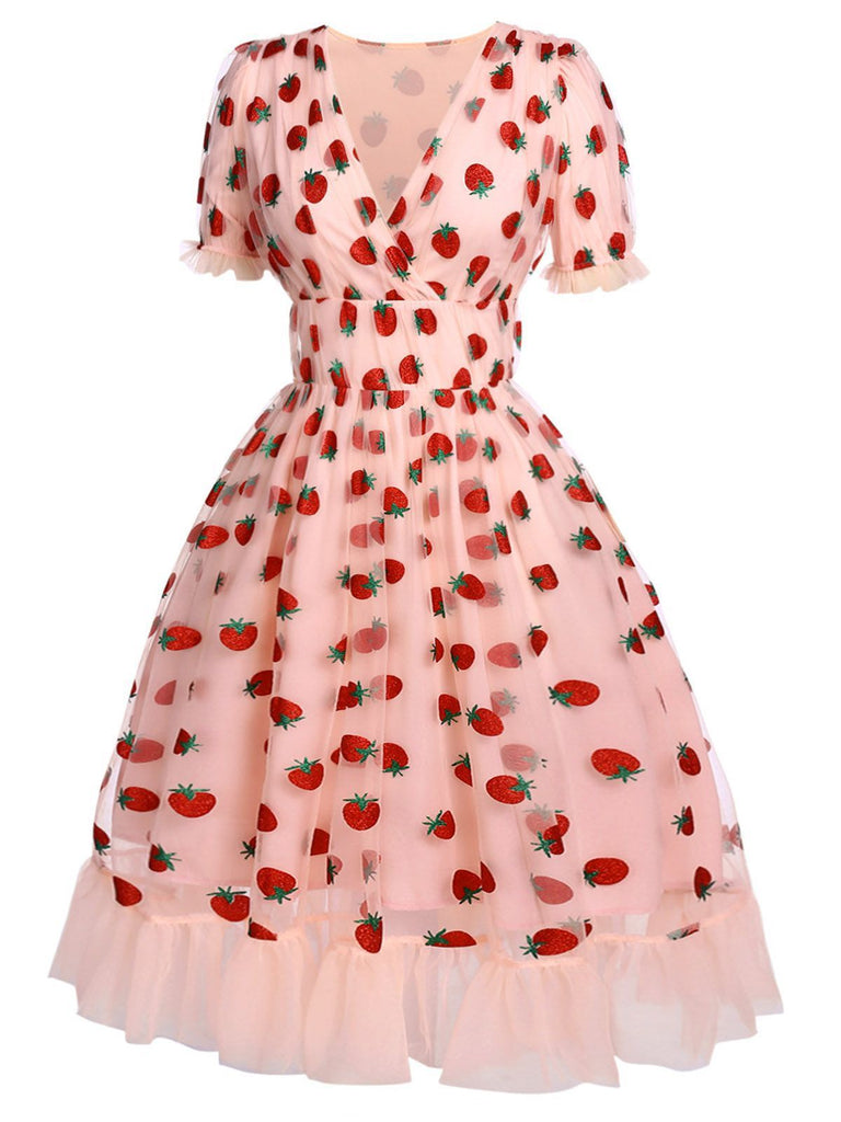 Robe Swing Vintage Année 50 Gaze Rose Fraise Soirée Cocktail