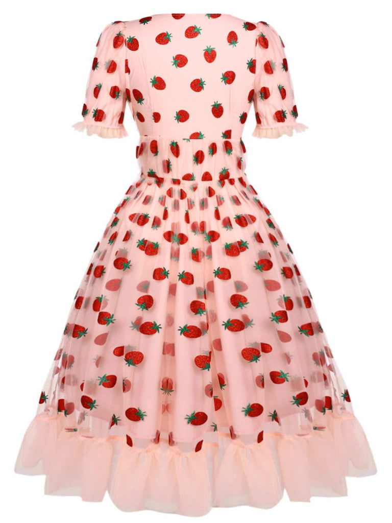 Robe Swing Vintage Année 50 Gaze Rose Fraise Soirée Cocktail