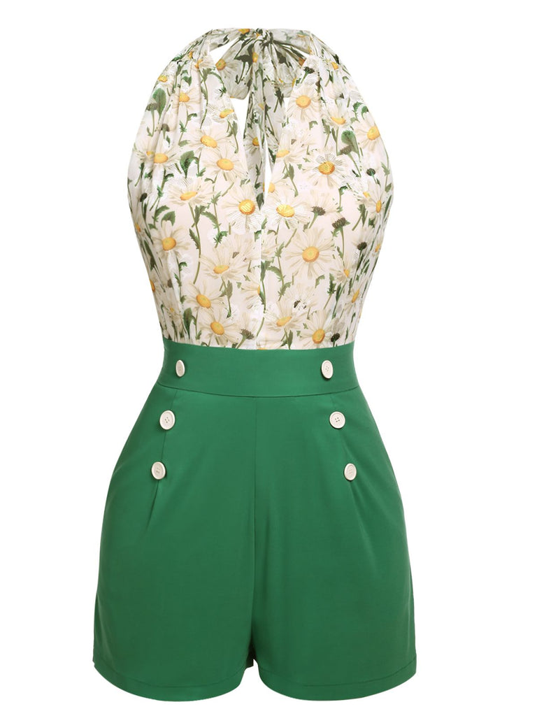 Combishort vintage à lacets et col licou à fleurs des années 1950