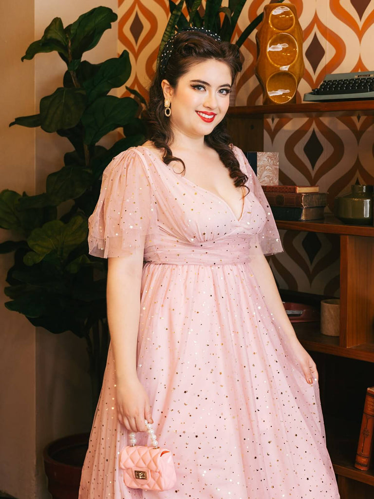 Robe Années 50 Trapèze Rose en Dentelle à Paillettes Étoilées