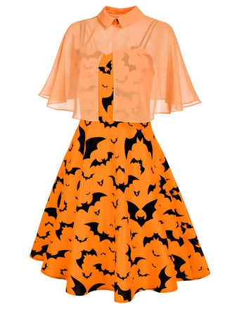 Robe Swing Années 50 avec Cape Chauve-Souris Orange Halloween