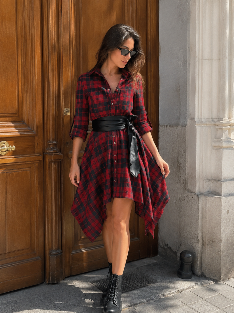 Robe Swing Vintage Année 50 Boutonnée à Carreaux Avec Ceinture Chic