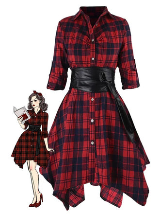Robe Swing Vintage Année 50 Boutonnée à Carreaux Avec Ceinture Chic