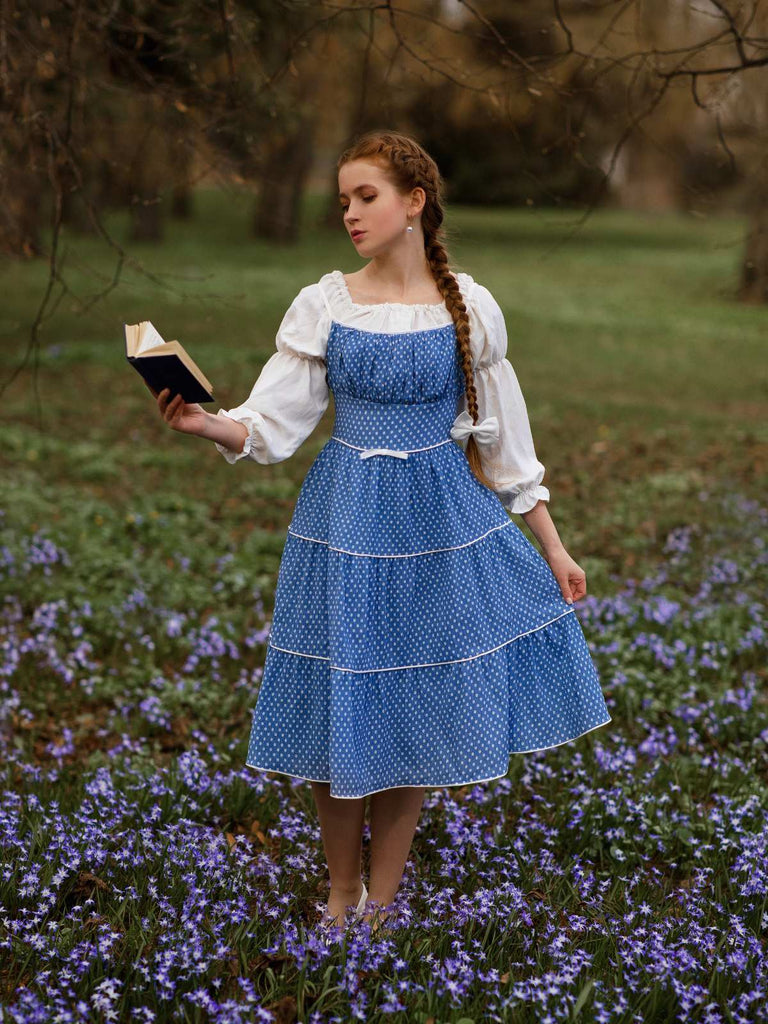 Robe Trapèze Bleu Ciel à Pois et Bretelles Années 1950 Cocktail