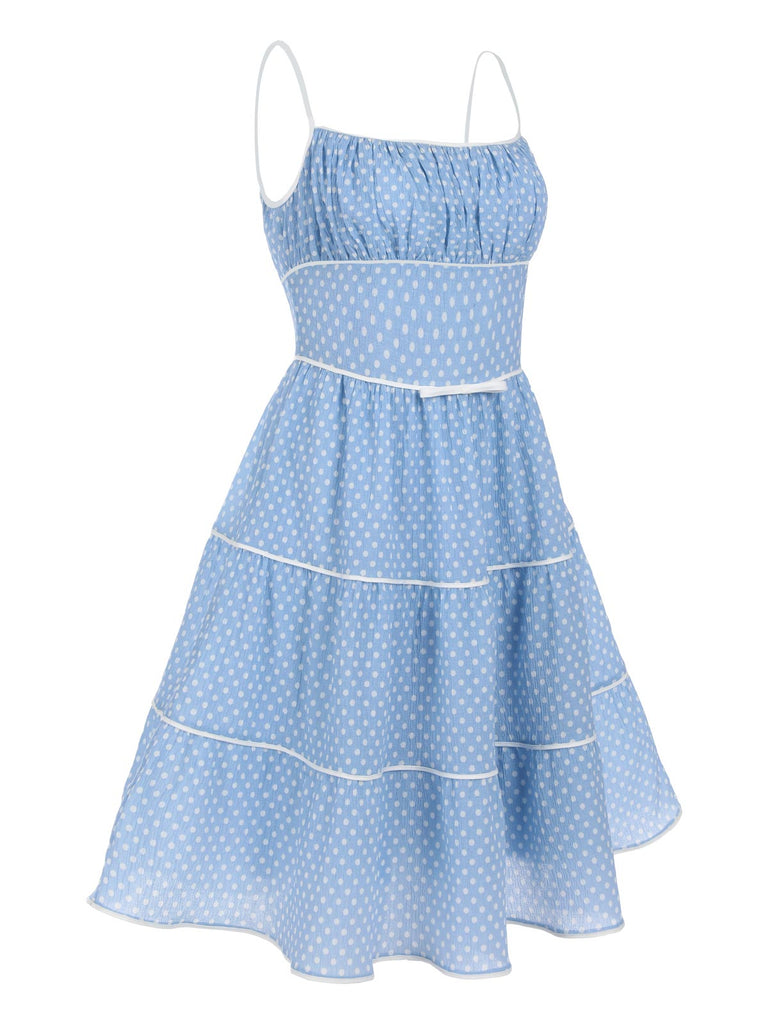 Robe Trapèze Bleu Ciel à Pois et Bretelles Années 1950 Cocktail