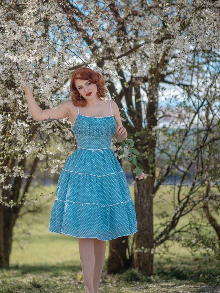 Robe Trapèze Bleu Ciel à Pois et Bretelles Années 1950 Cocktail