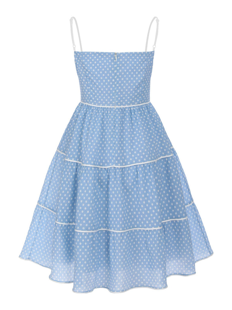 Robe Trapèze Bleu Ciel à Pois et Bretelles Années 1950 Cocktail