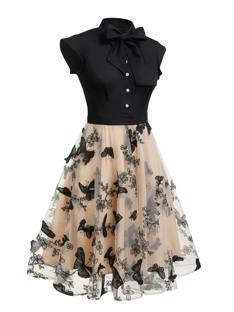 Robe vintage patchwork papillon noire des années 1950 Cocktail