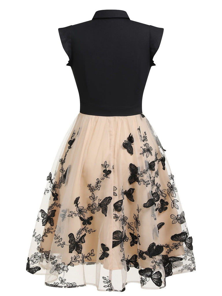 Robe vintage patchwork papillon noire des années 1950 Cocktail