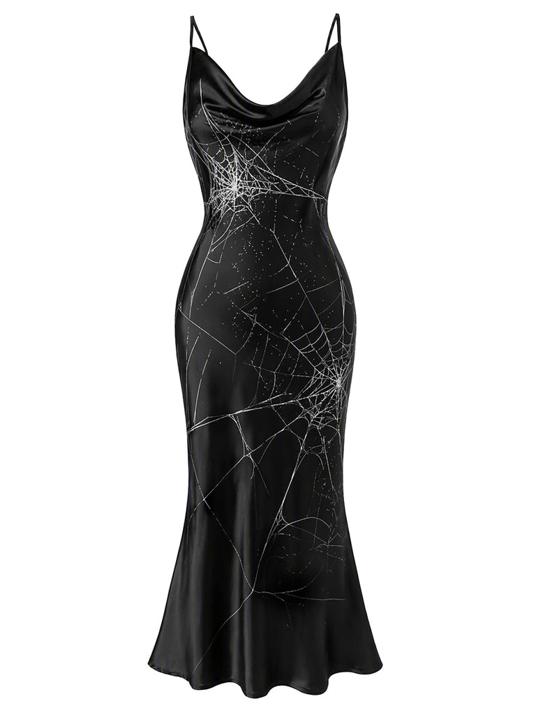 [Prévente] Robe noire Halloween à motif toile d’araignée des années 1960