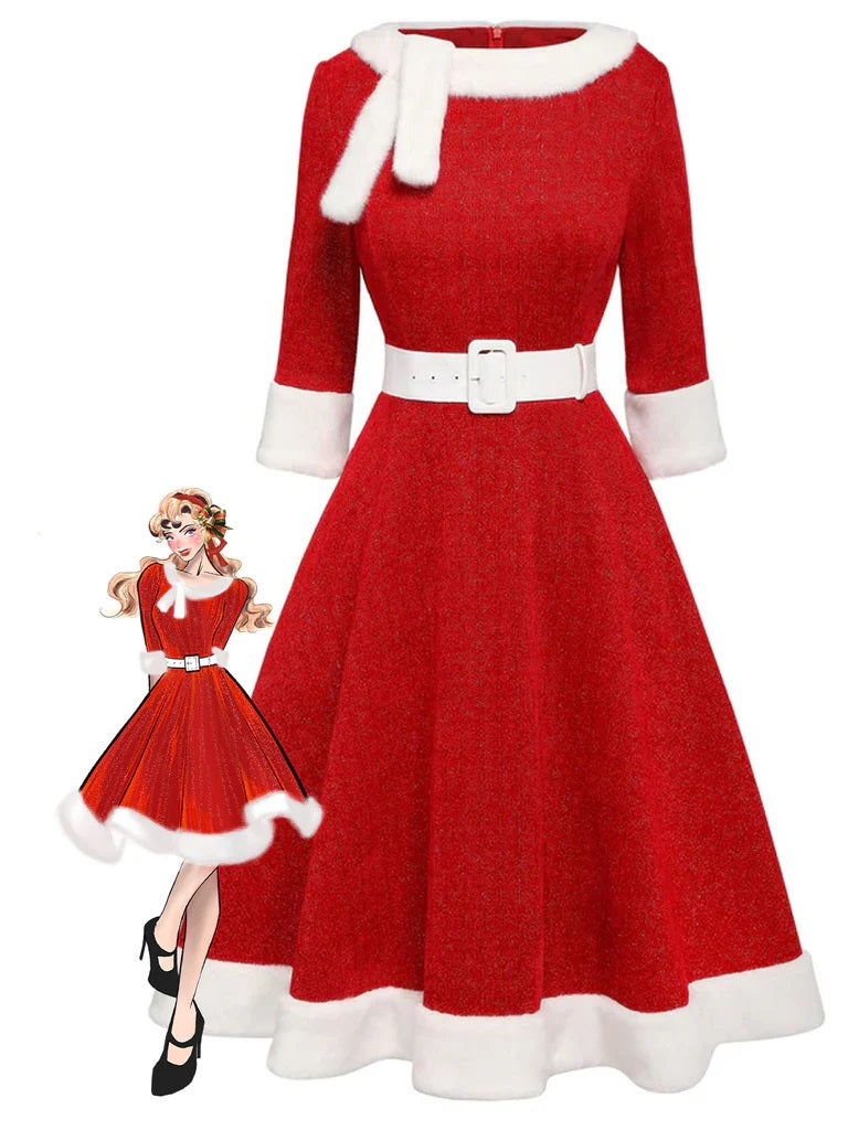 Robe de Noël en peluche rouge des années 1950