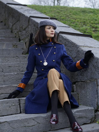 Manteau vintage boutonné patchwork bleu marine années 1950